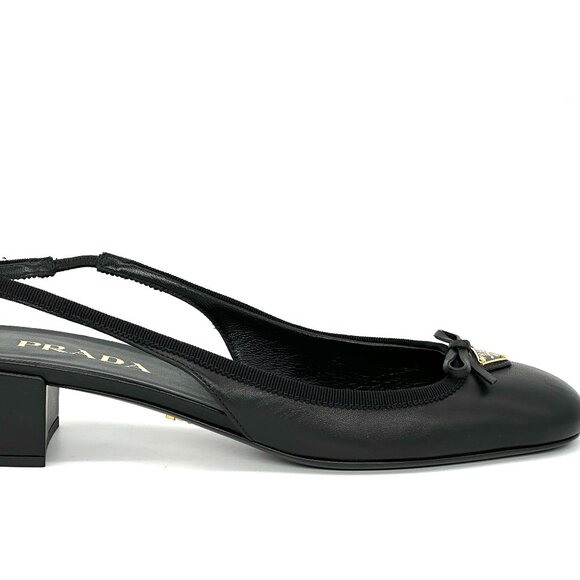 PRADA Triangle Logo Bow Leather Slingback Ballerina Pumps Heels Sandals - Picture 12 of 16
